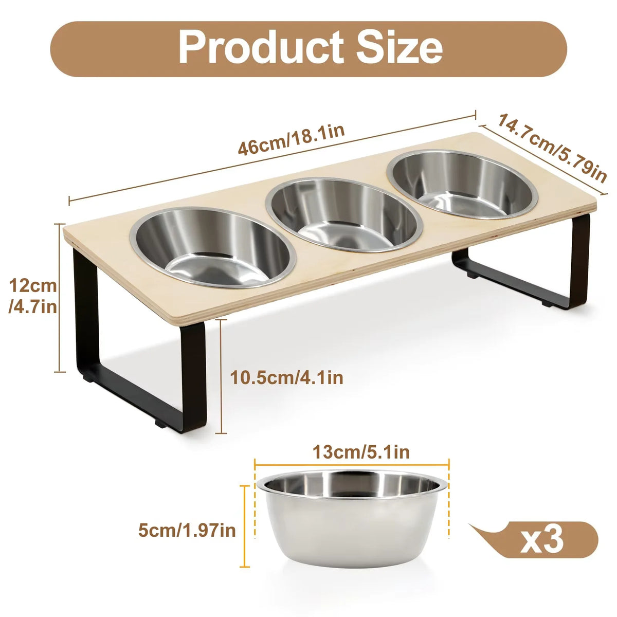 Elevated Cat Feeder With Three Bowls And Bamboo Stand