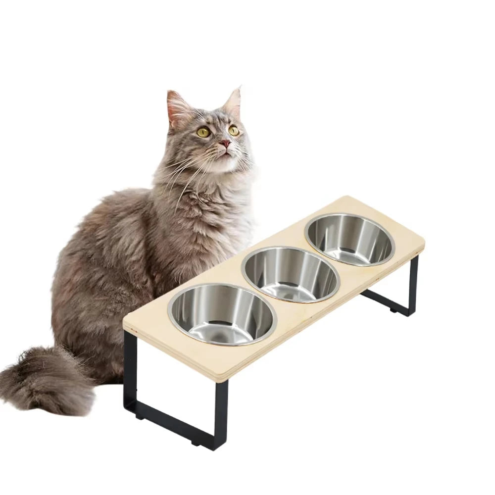 Elevated Cat Feeder With Three Bowls And Bamboo Stand