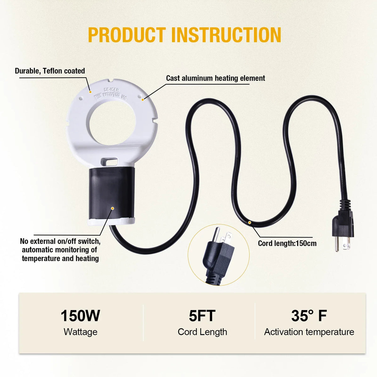 Thermostatic Submersible Bird Bath Heater De-Icer for Livestock Water