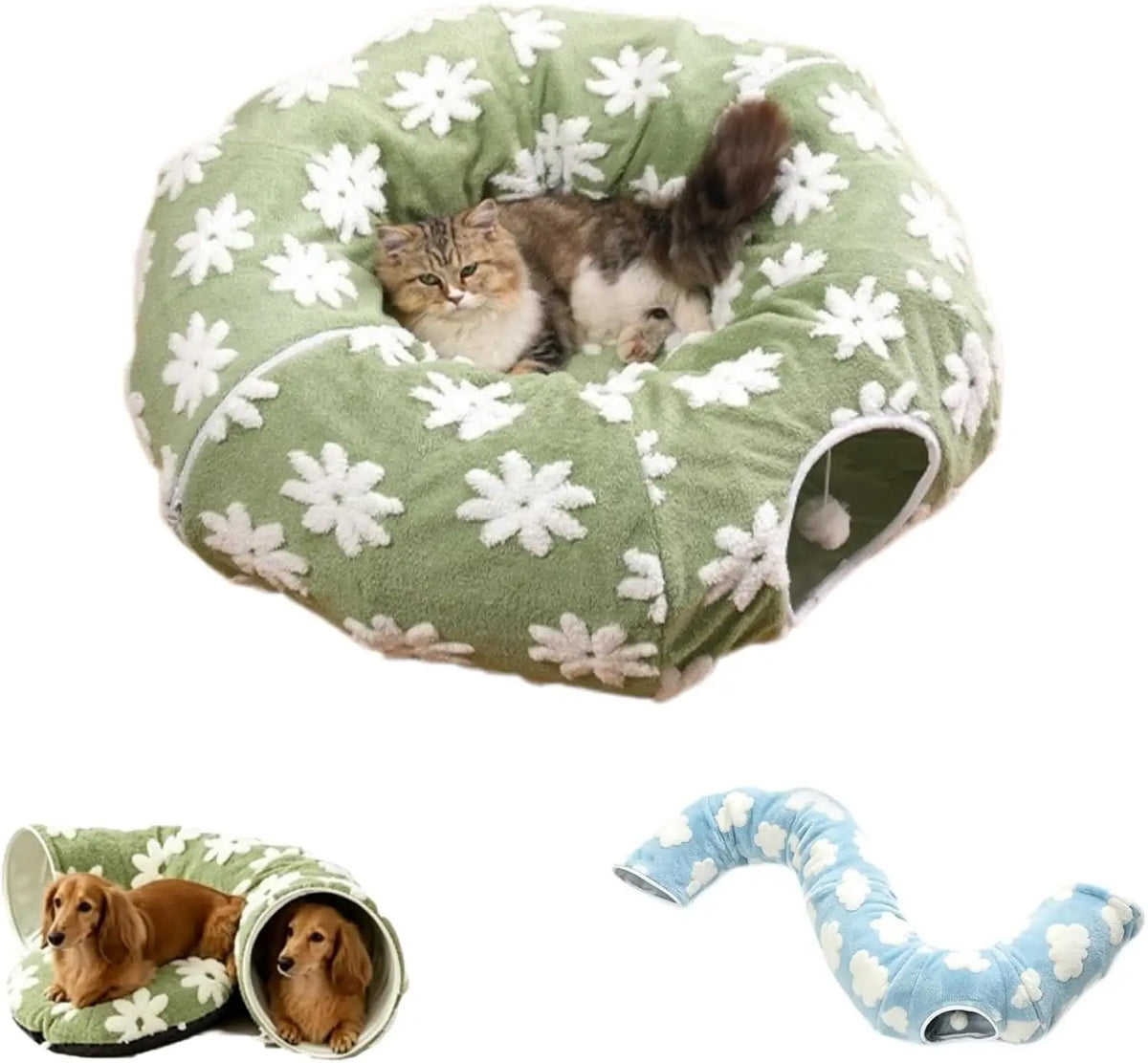 Flower Plush Dachshund Tunnel Bed, Foldable Two In One Design