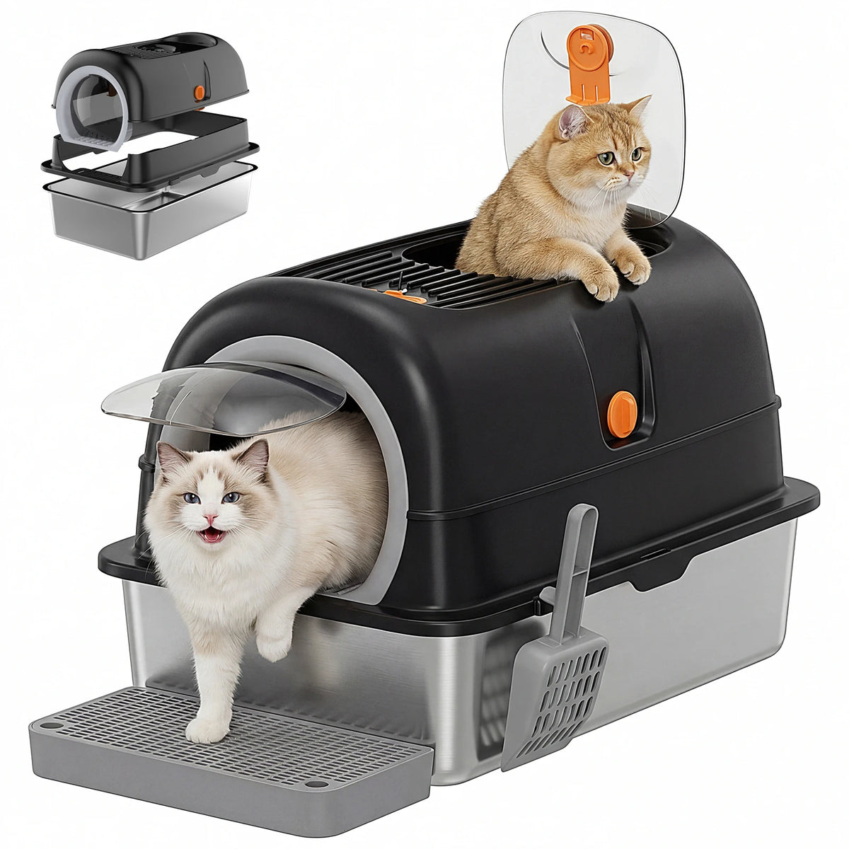 JHK Stainless Steel Enclosed Cat Litter Box With Scoop Included