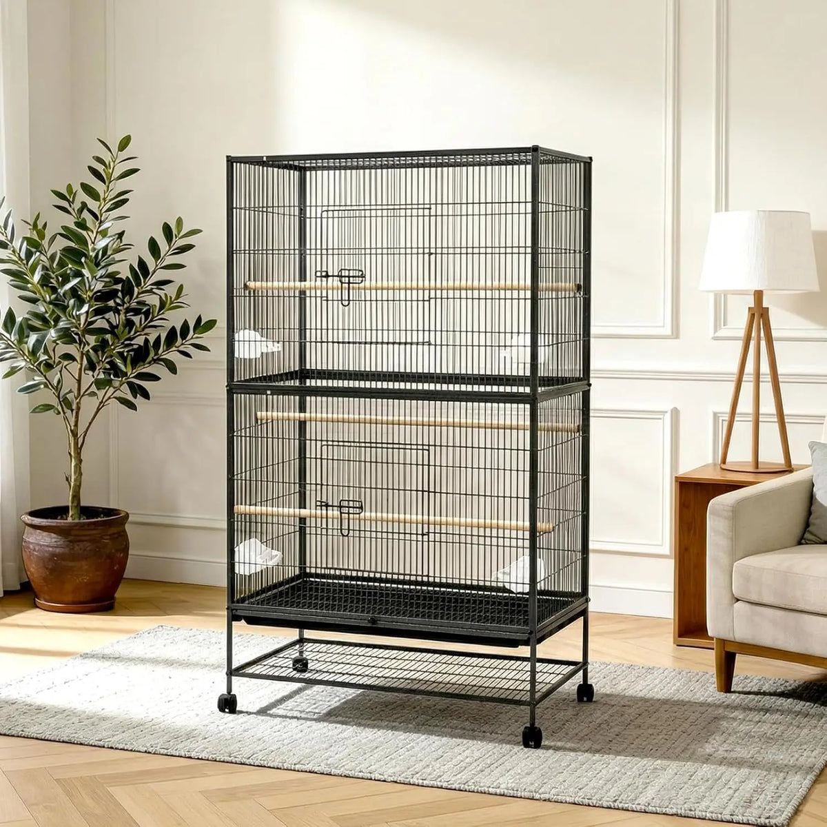 HiMISS Large Rolling Bird Cage With Storage Stand And Bowls