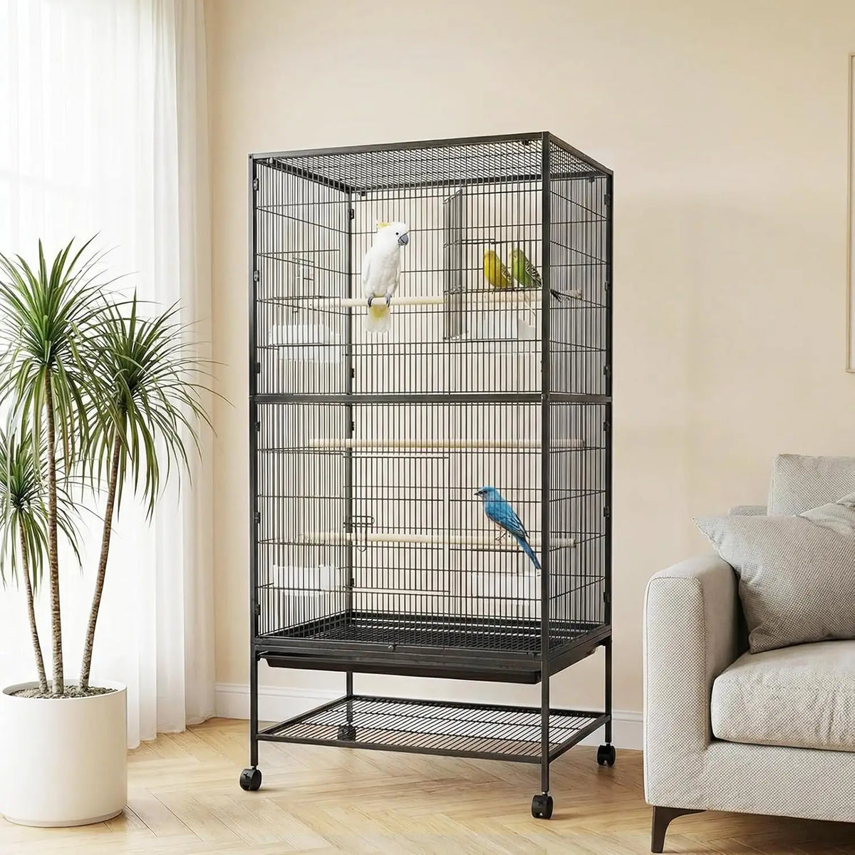 HiMISS Large Rolling Bird Cage With Storage Stand And Bowls
