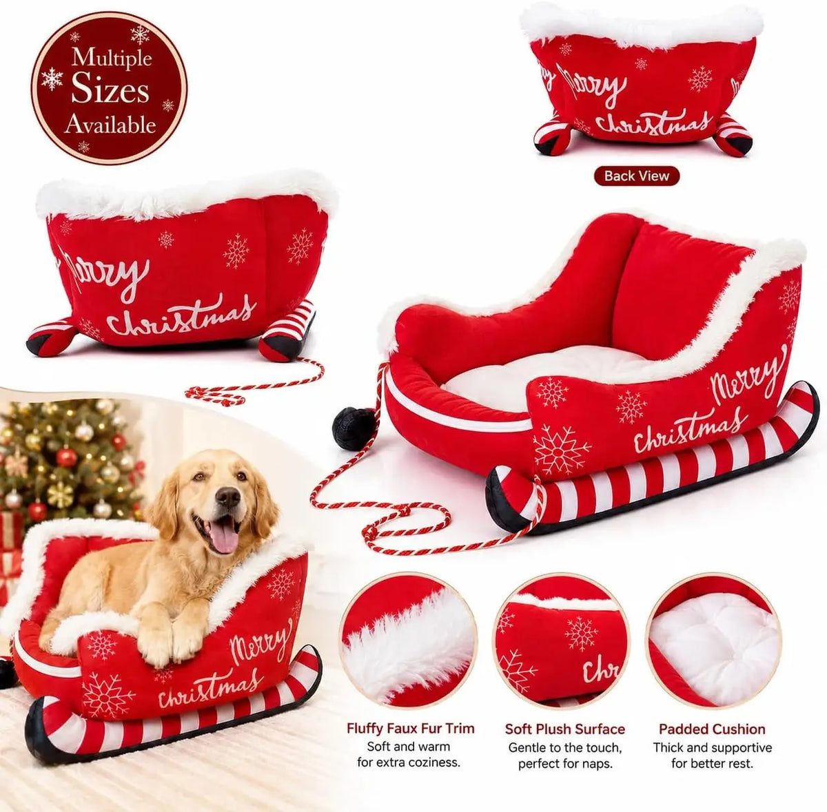 Christmas Santa Sleigh Dog Bed Plush Calming Pet Sofa