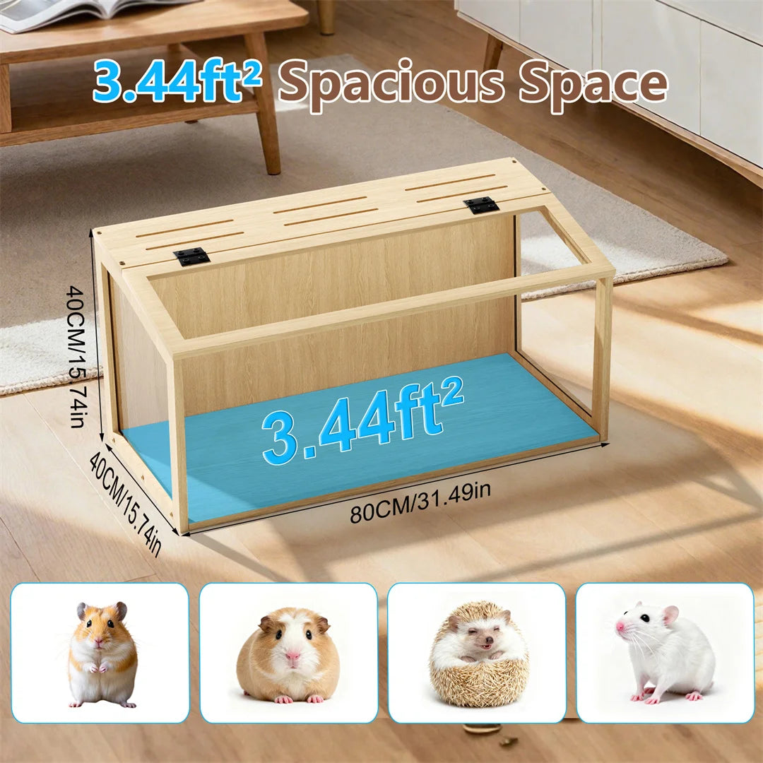 Wooden Hamster Cage With Tempered Glass Panels And LED Light