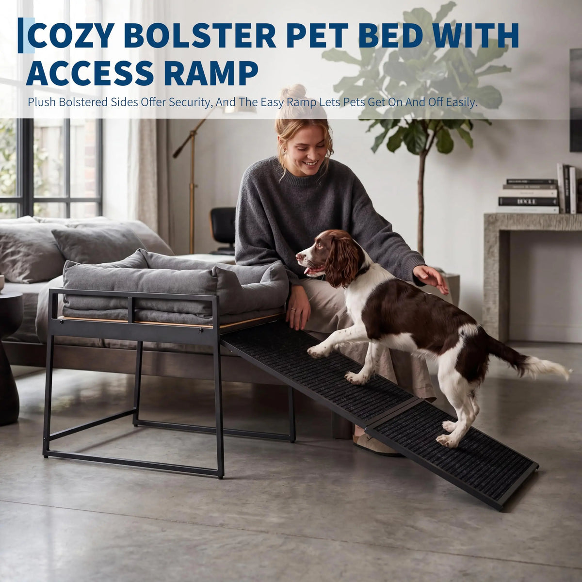 Elevated Dog Bed With Non Slip Ramp And Bolster Cushion
