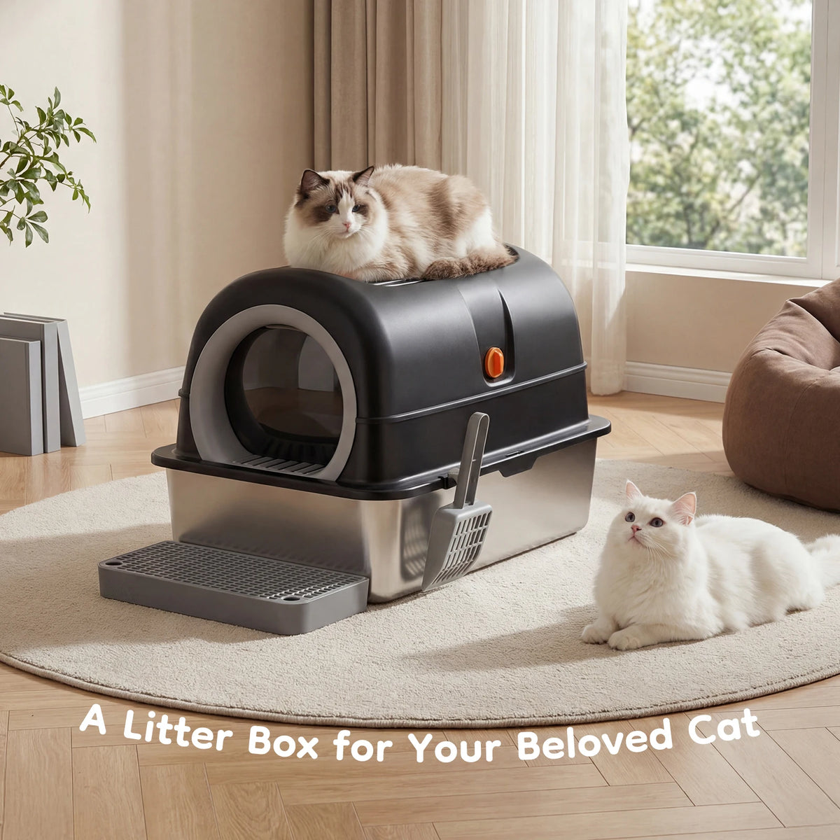 JHK Stainless Steel Enclosed Cat Litter Box With Scoop Included
