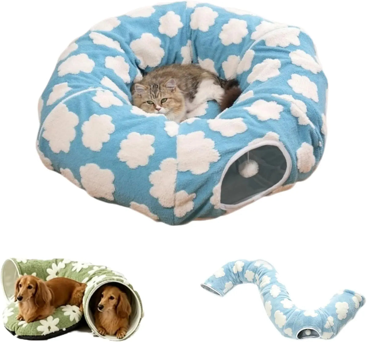 Flower Plush Dachshund Tunnel Bed, Foldable Two In One Design