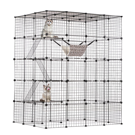 SucceBuy Metal Cat Cage Enclosure With Doors Ramp And Hammock