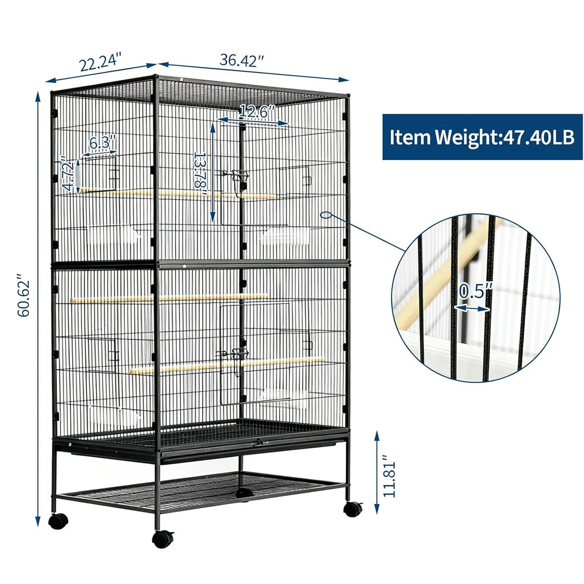 HiMISS Large Rolling Bird Cage With Storage Stand And Bowls