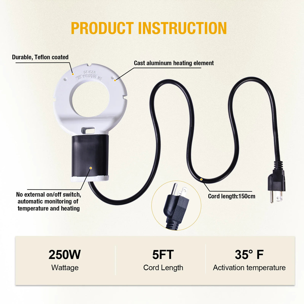Thermostatic Submersible Bird Bath Heater De-Icer for Livestock Water