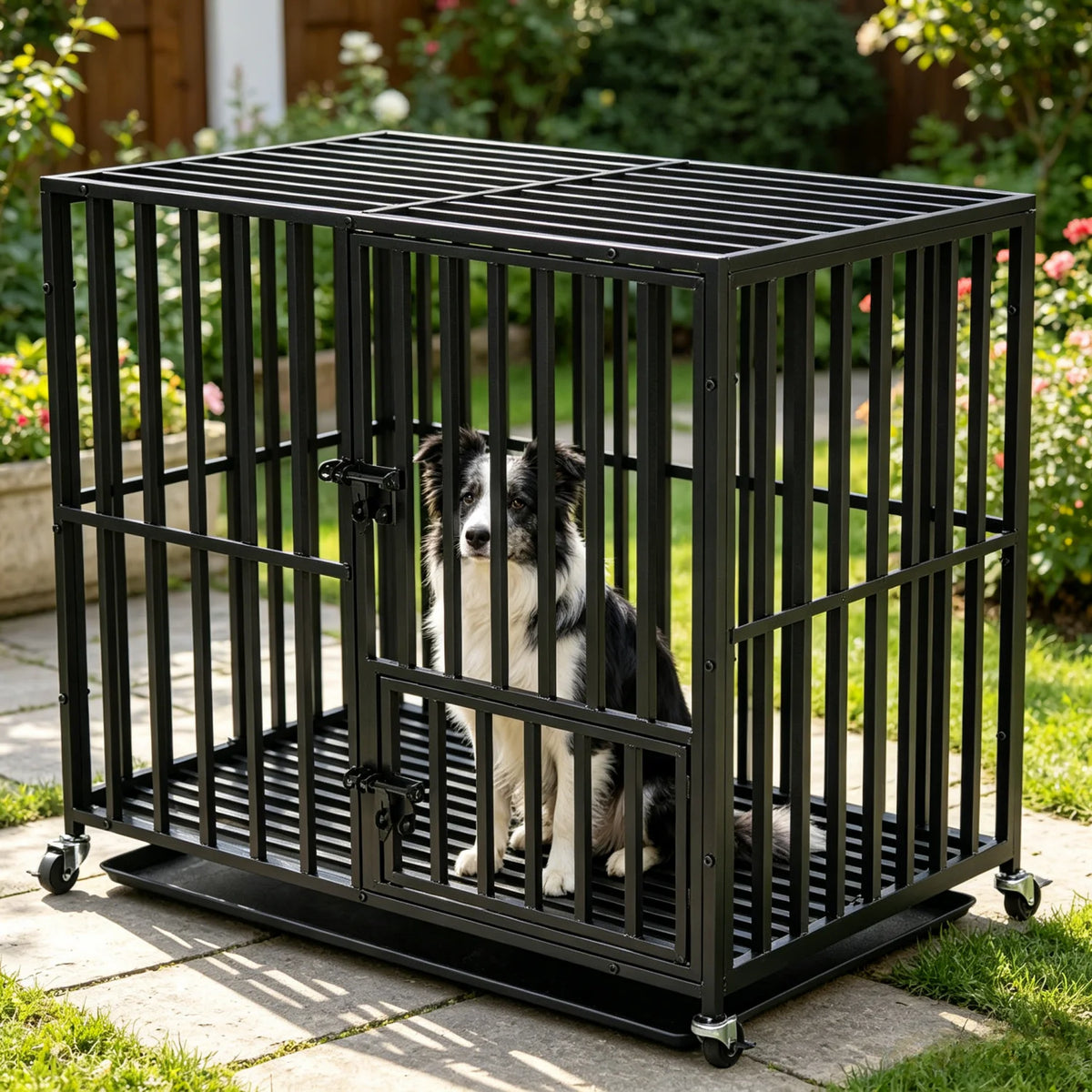 BINGOPAW Heavy Duty Dog Crate with Lockable Wheels and Tray