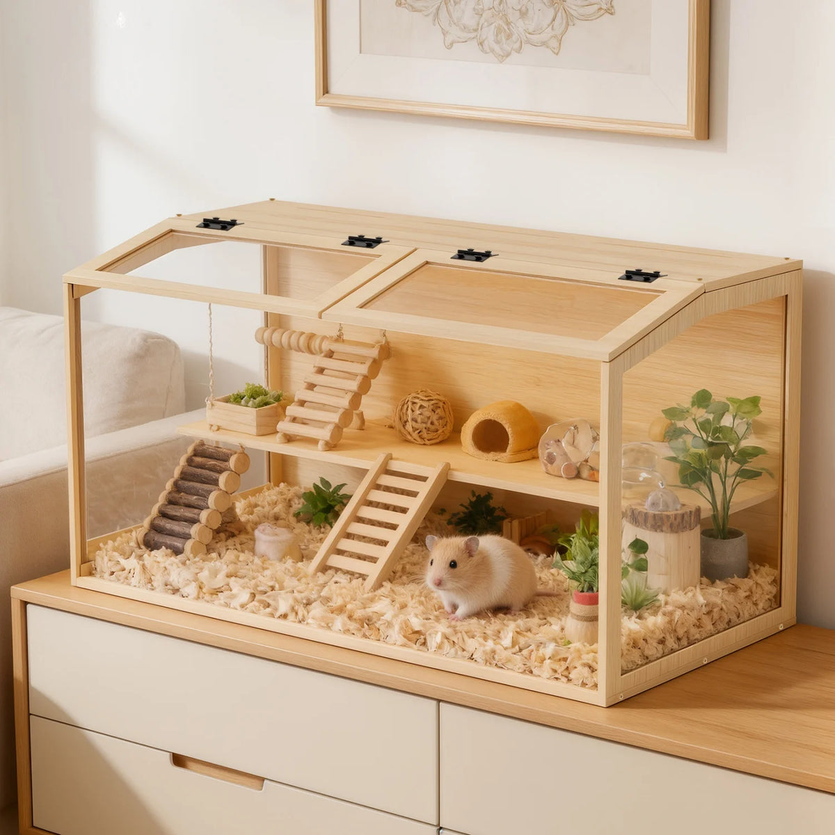 Chewproof Wooden Hamster Cage With Tempered Glass And LED Light
