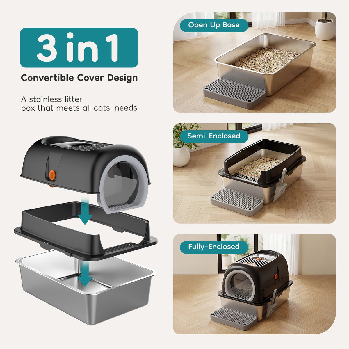 JHK Stainless Steel Enclosed Cat Litter Box With Scoop Included
