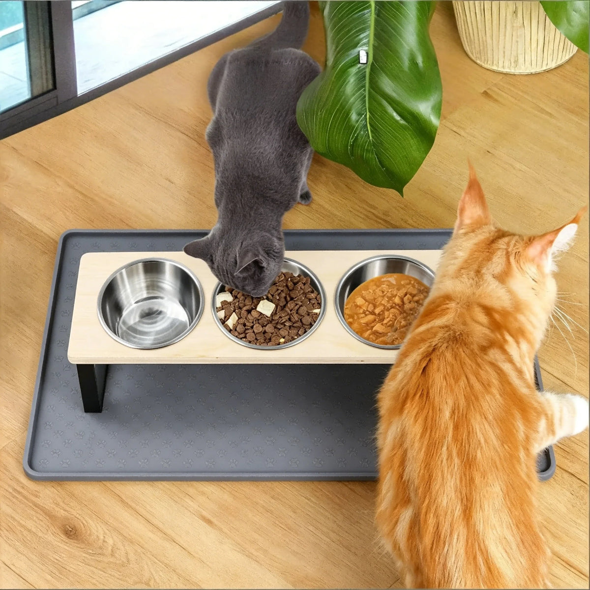 Elevated Cat Feeder With Three Bowls And Bamboo Stand