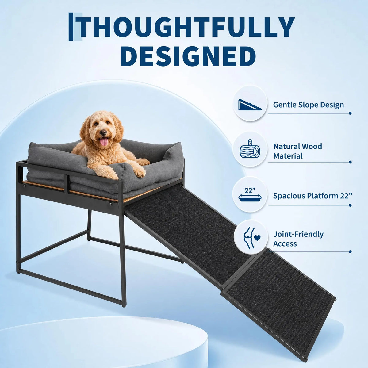 Elevated Dog Bed With Non Slip Ramp And Bolster Cushion