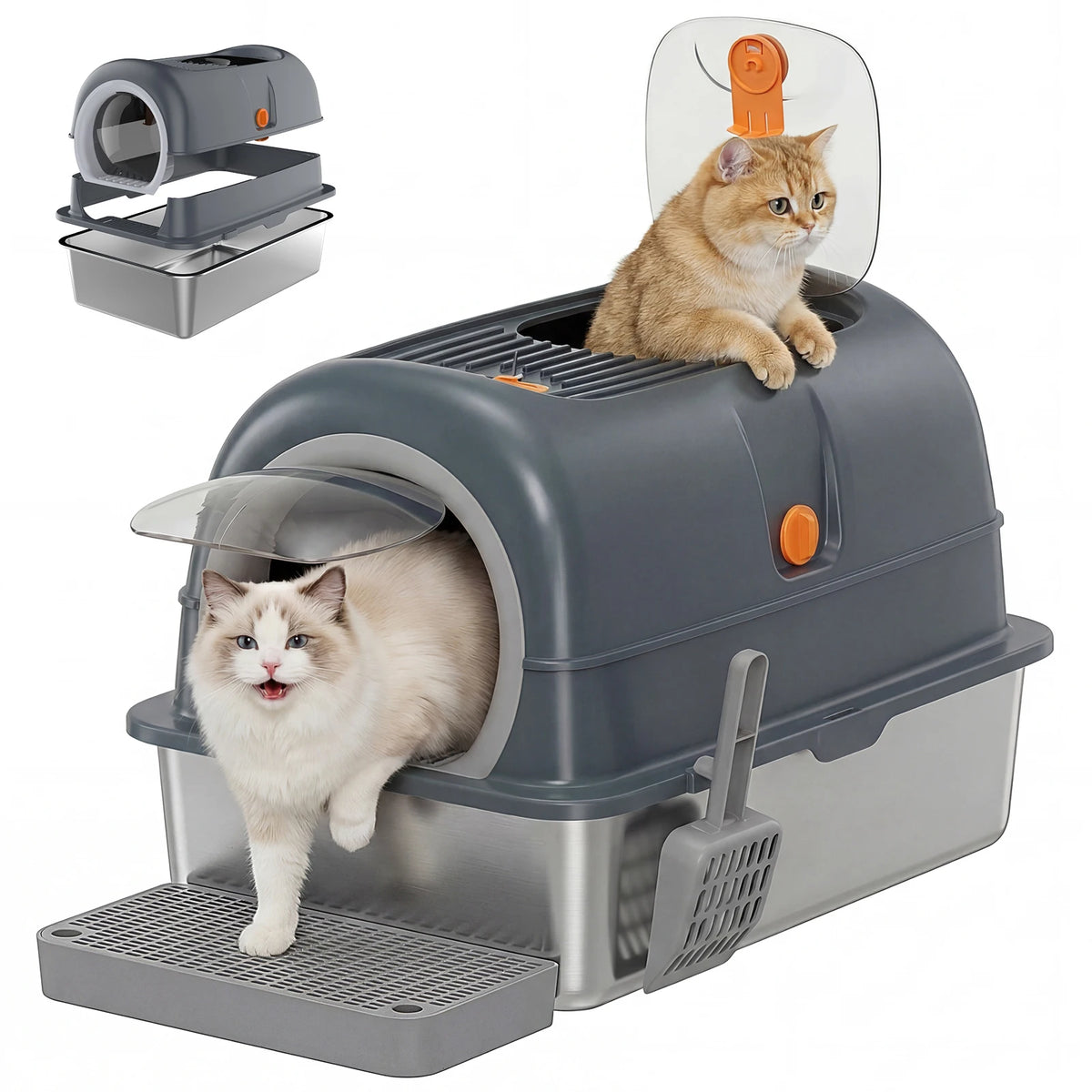 JHK Stainless Steel Enclosed Cat Litter Box With Scoop Included