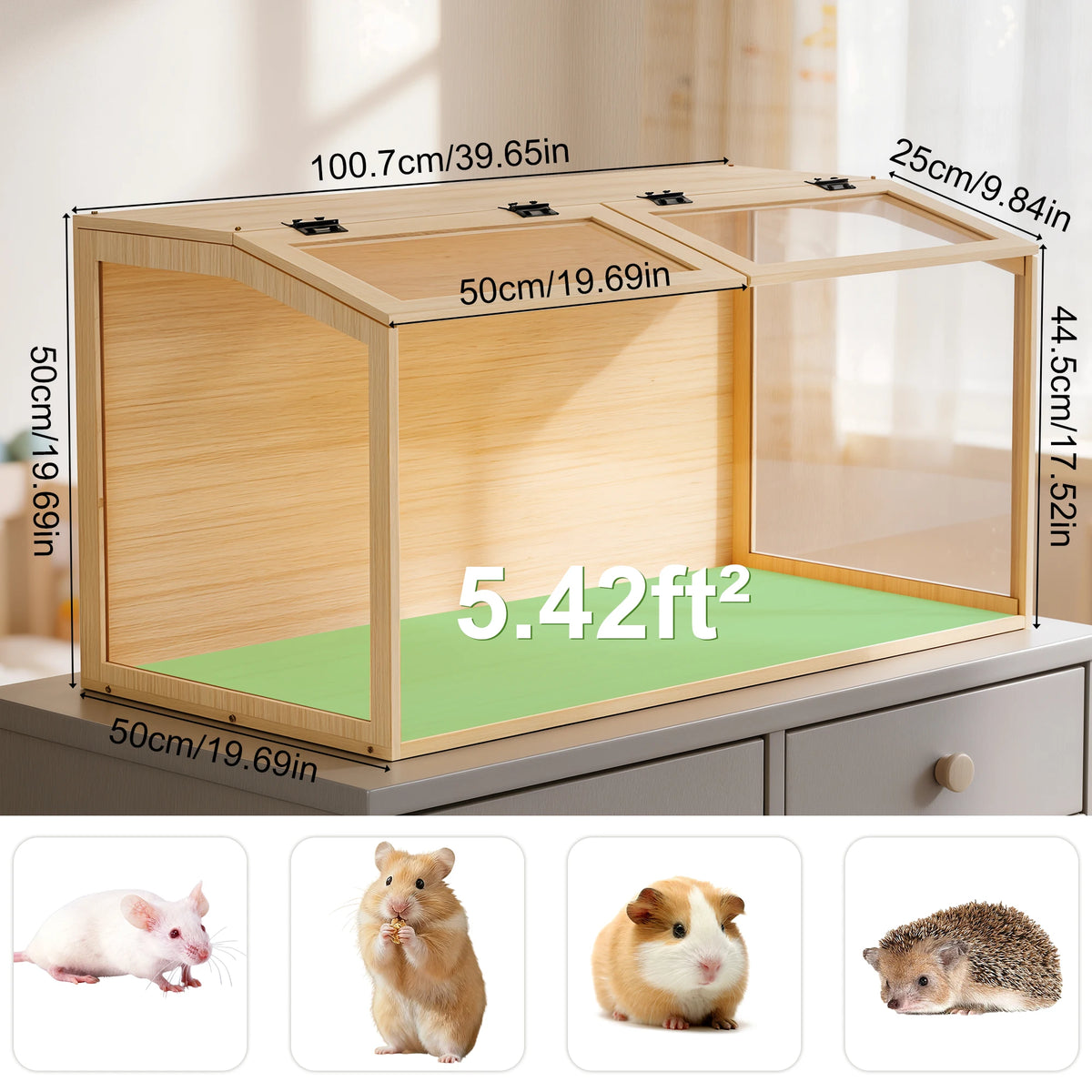 Wooden Hamster Cage With Tempered Glass Panels And LED Light