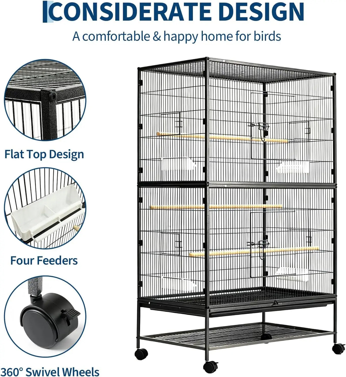 HiMISS Large Rolling Bird Cage With Storage Stand And Bowls