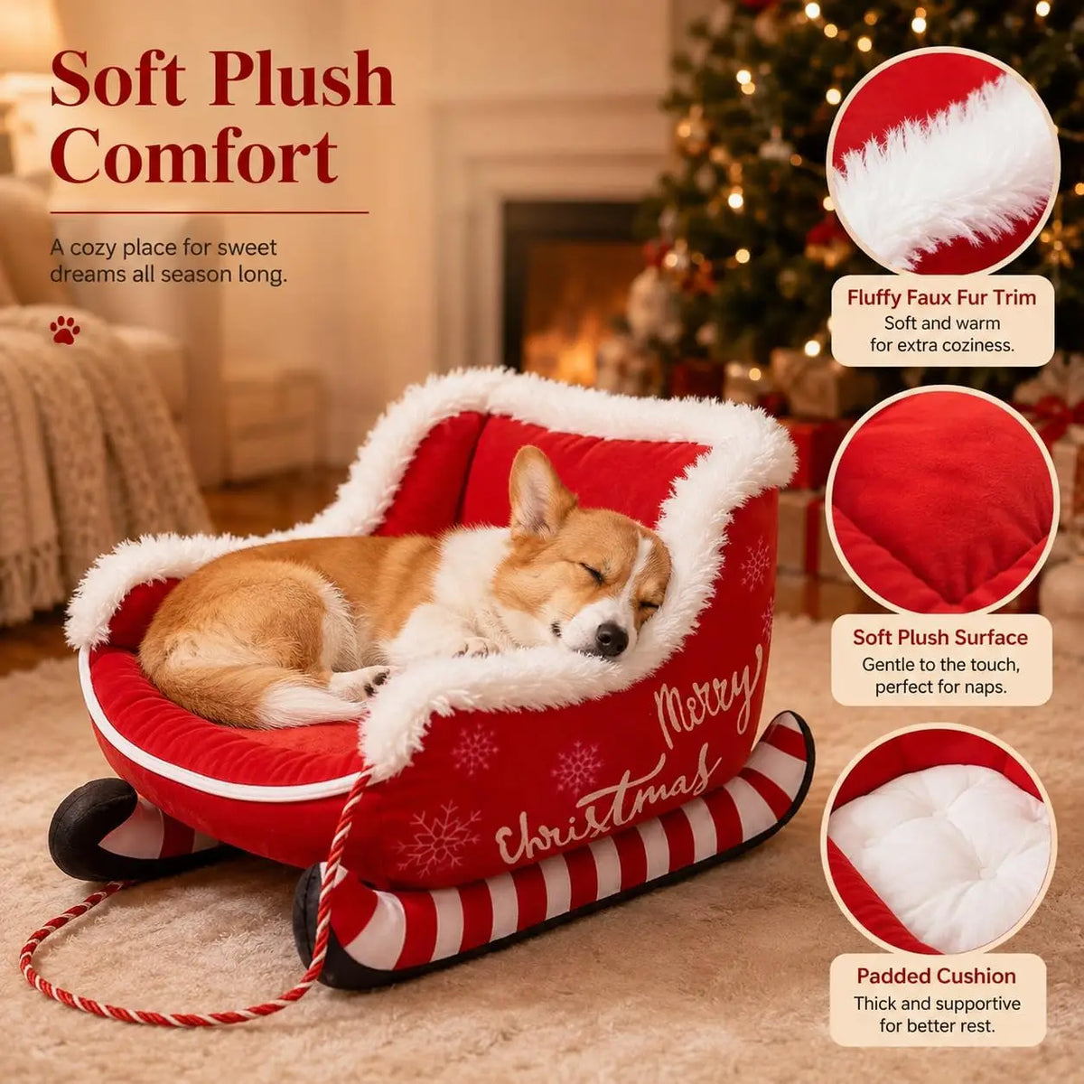 Christmas Santa Sleigh Dog Bed Plush Calming Pet Sofa
