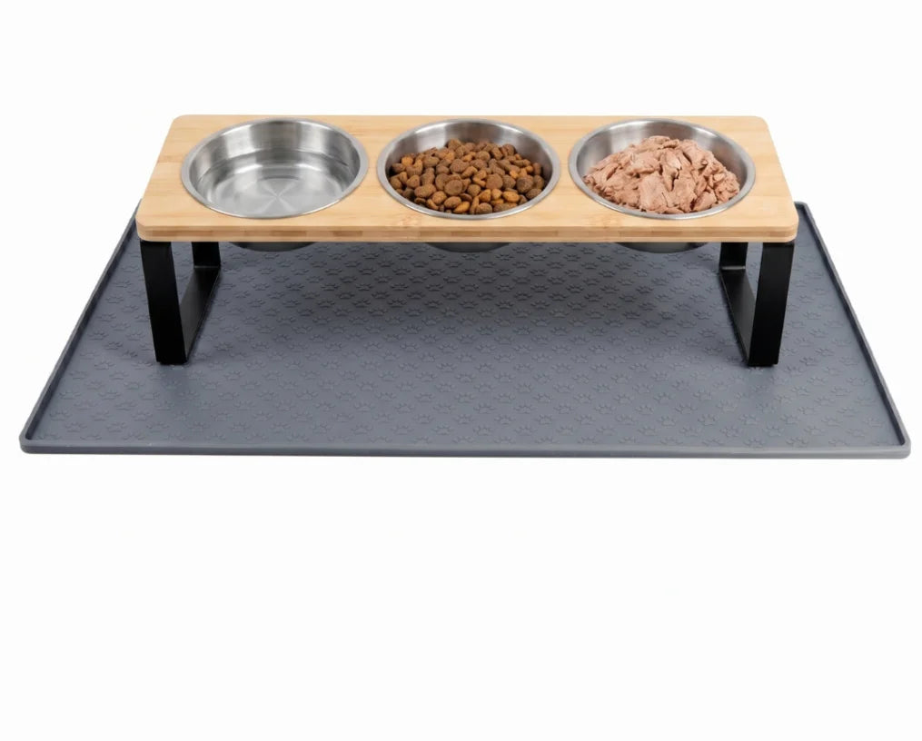 Elevated Cat Feeder With Three Bowls And Bamboo Stand