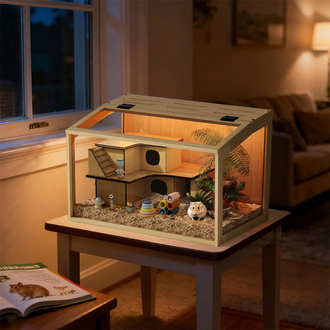 Wooden Hamster Cage With Tempered Glass Panels And LED Light