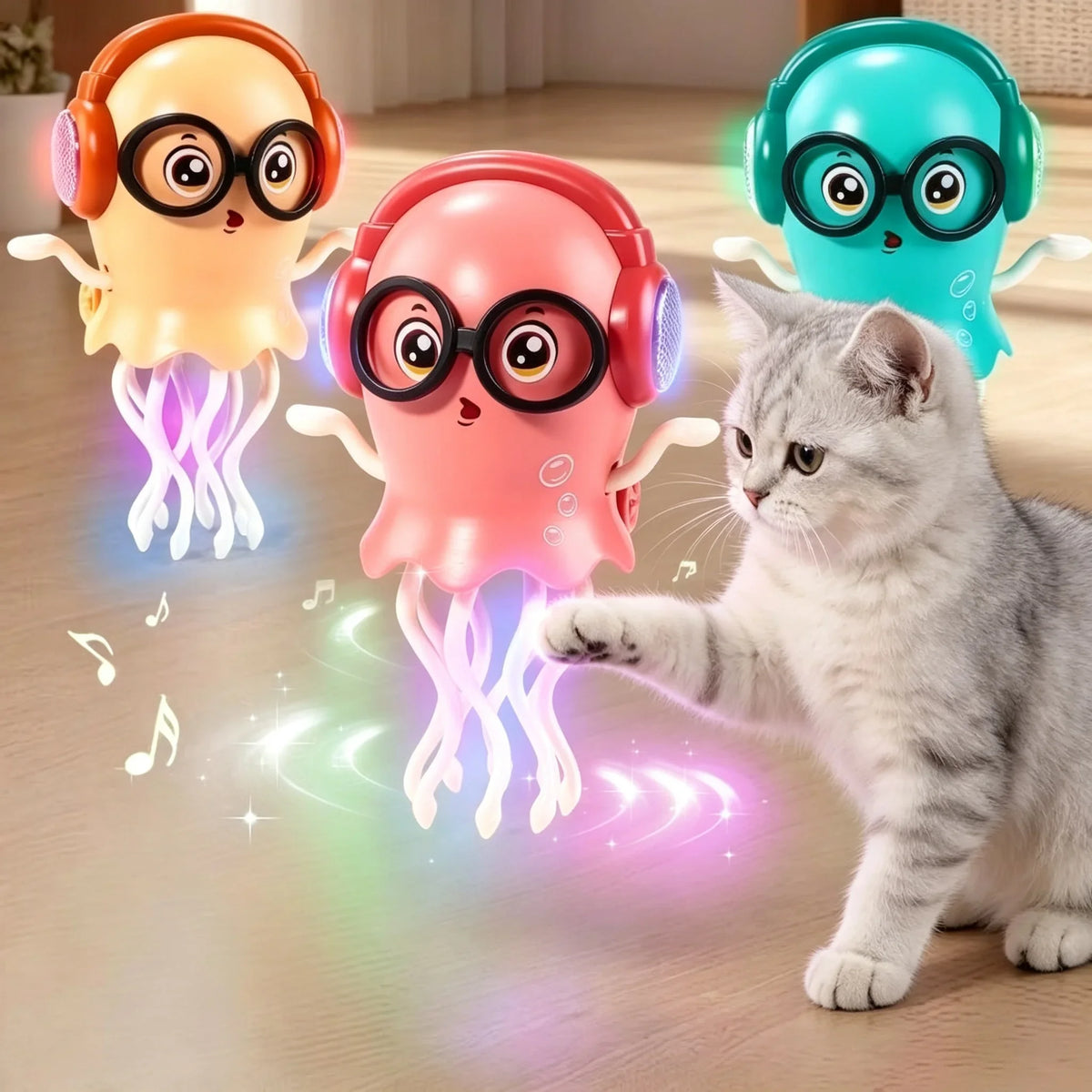 LED Crawling Jellyfish Cat Toy With Music And Obstacle Sensor