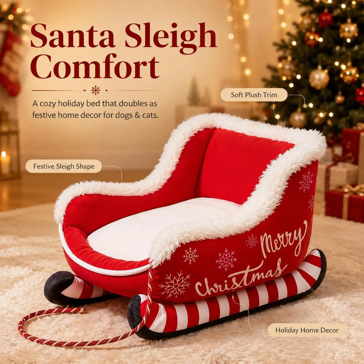 Christmas Santa Sleigh Dog Bed Plush Calming Pet Sofa